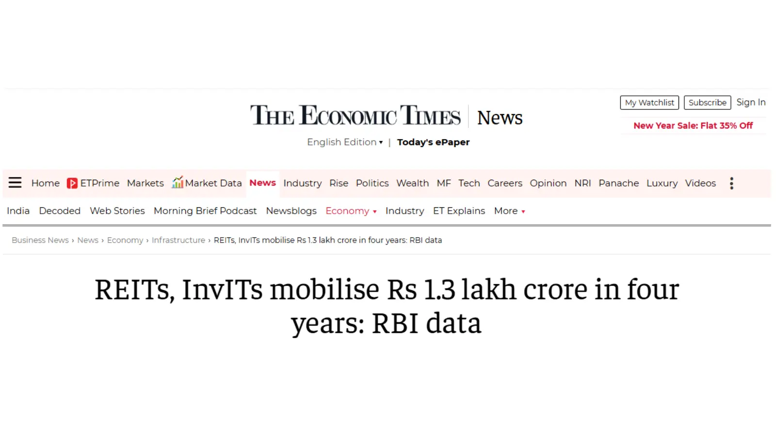 REITs, InvITs Mobilise Rs 1.3Lakh Crore in four years: RBI data