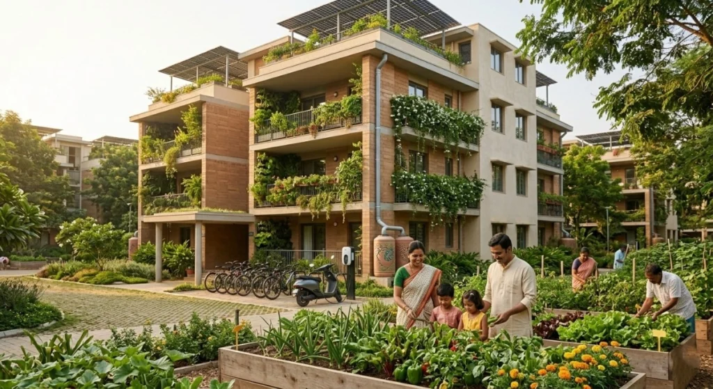 Modern tropical apartment building with lush greenery, landscaped garden, and residents walking along a pathway in a serene Goa-style residential complex.