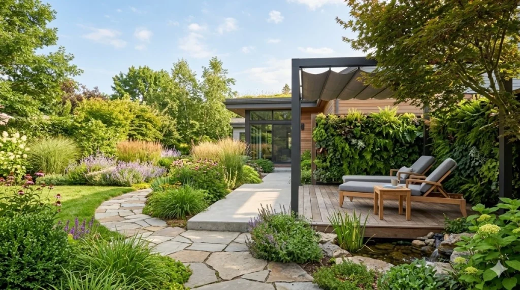 A beautifully landscaped modern home garden featuring a curved stone pathway, lush greenery, outdoor seating, and a cozy contemporary patio area.