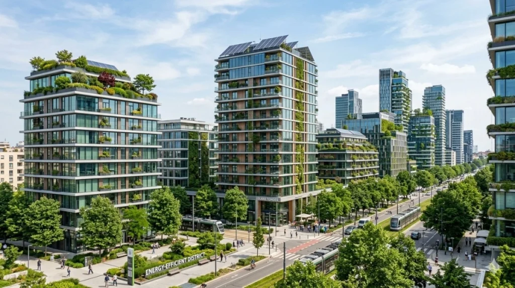 A modern residential apartment complex surrounded by greenery, featuring landscaped pathways, trees, and high-rise buildings in an urban setting.