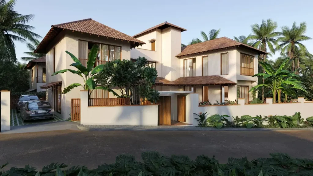 Luxury two-storey villa with modern architecture, spacious balconies, landscaped gardens, and tropical palm trees.