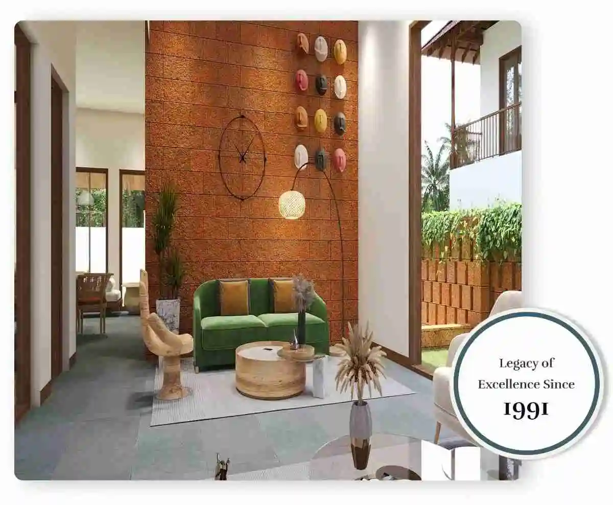 Elegant luxury living room interior with green sofa, wooden accent wall, modern decor, and natural lighting.